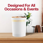 8 oz. White with Gold Edge Rim Round Plastic Coffee Mugs Lifestyle | Smarty Had A Party