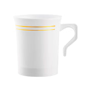 8 oz. White with Gold Edge Rim Round Plastic Coffee Mugs Main | Smarty Had A Party