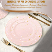 A Kaya Collection "Pink with White and Gold Birthday Round Disposable Plastic Dinner Plate" (10.25") is set on a white tablecloth. Accompanied by gold-colored cutlery, the text above reads, "Designed for All Occasions & Events," listing uses such as banquets, weddings, and more. Perfect as birthday party plates or elegant plastic dinner plates.